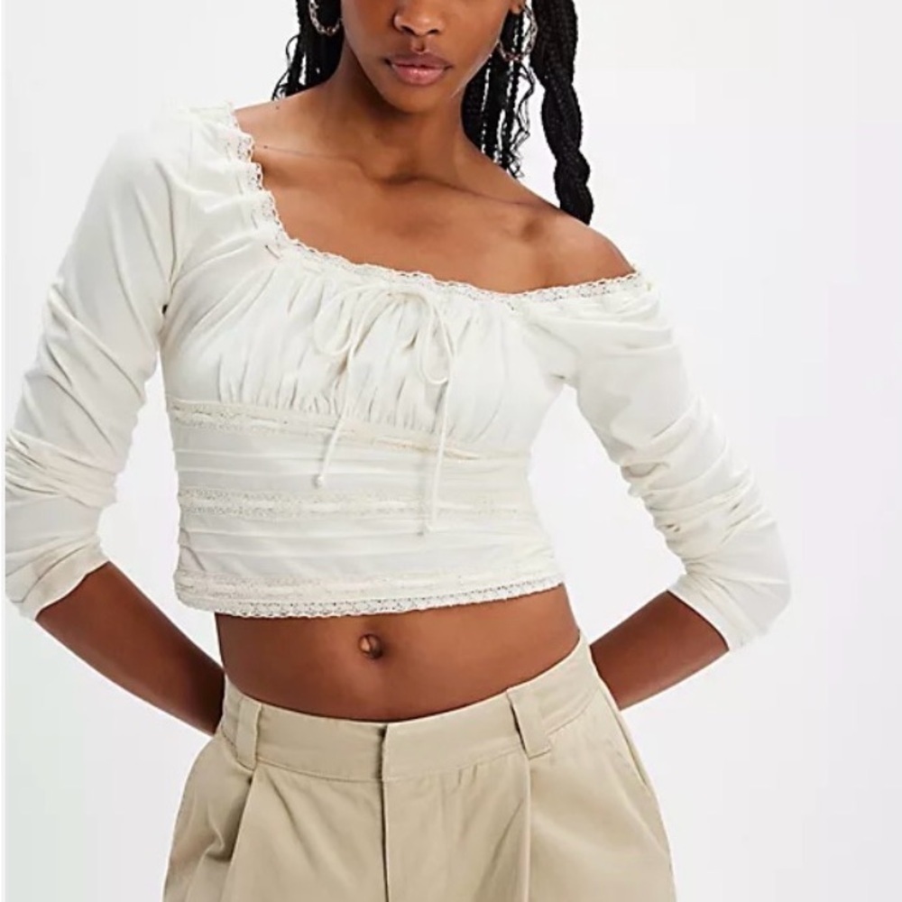 Free People Scarlet Smocked Crop Milkmaid T-shirt Knit Ivory Long Sleeve Top M